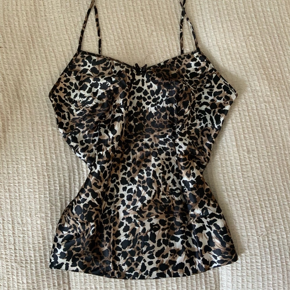 Vintage Y2K Silky Cheetah Beaded Bow Tank Top Shirt 2000s